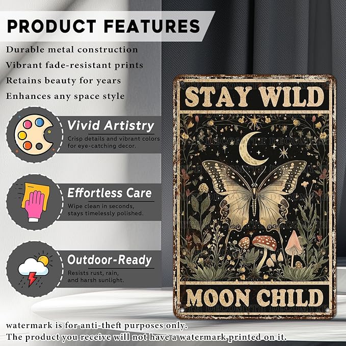 Vintage Tin Sign Butterfly Stay Wild Moon Tin Sign Retro Wall Decor for Home Office Room Wall Decor Poster 12 * 8inch-StrideForce Fitness