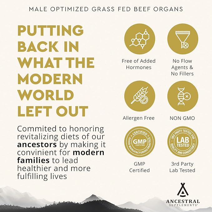 Ancestral Supplements Mofo, Supplements for Men, Support for Energy Levels and Overall Men's Health and Wellness, Non-GMO Grass Fed Beef Organ Supplement with Liver, No Fillers, 180 Capsules-StrideForce Fitness