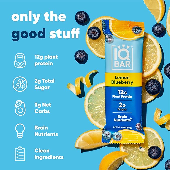 IQBAR Brain and Body Plant Protein Bars - Lemon Blueberry - 12-Count Low Carb - Gluten Free, High Fiber, Vegan Snacks - Low Sugar Meal Replacement-StrideForce Fitness
