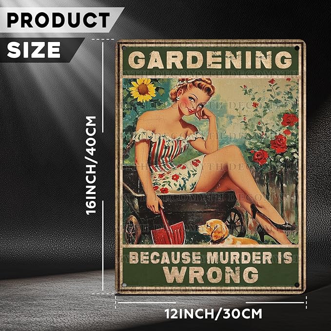 Gardening Because Murder Is Wrong Vintage Metal Tin Sign Rustic Wall Decor Outdoor Garden Art Yard Plaque Retro Home Decor Gift for Women Gardener Lovers 12 * 16inch-StrideForce Fitness