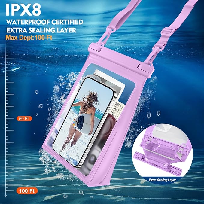 Large Floating Waterproof Phone Pouch, Cell Phone Dry Bag for iPhone 16 15 14 13 Pro Max Galaxy Google All Phones, IPX8 Waterproof Bag for Beach Vacation Purple-StrideForce Fitness