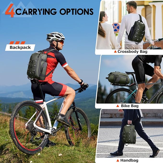 RAINSMORE Bike Bags for Bicycle Rear Rack 15L Waterproof Bike Ebike Trunk Pannier Saddle Bag with Rain Cover Bike Accessories Backpack Shoulder Bag for Commuter Travel Outdoor, Green-StrideForce Fitness