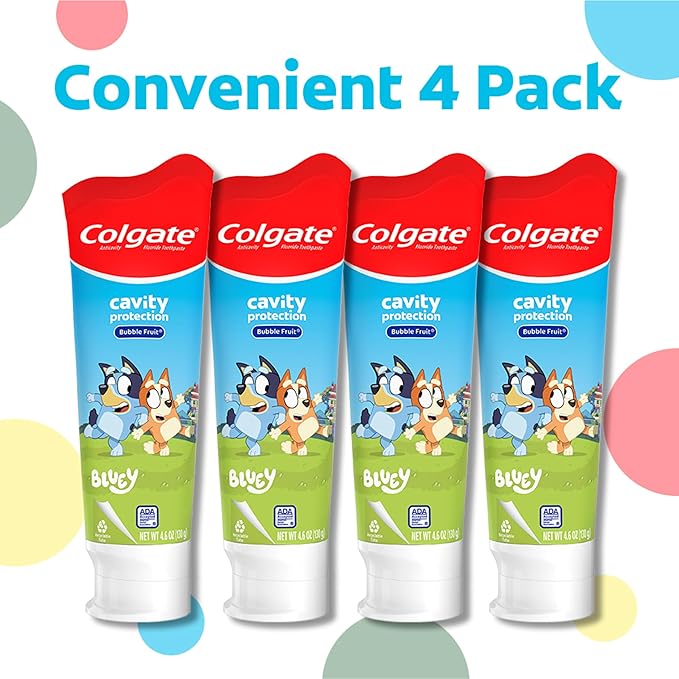 Colgate Kids Bluey Toothpaste with Fluoride for Cavity Protection, Ages 2+, ADA Accepted, Sugar Free and Gluten Free, Bubble Fruit Flavor, 4 Pack, 4.6 Oz Tubes