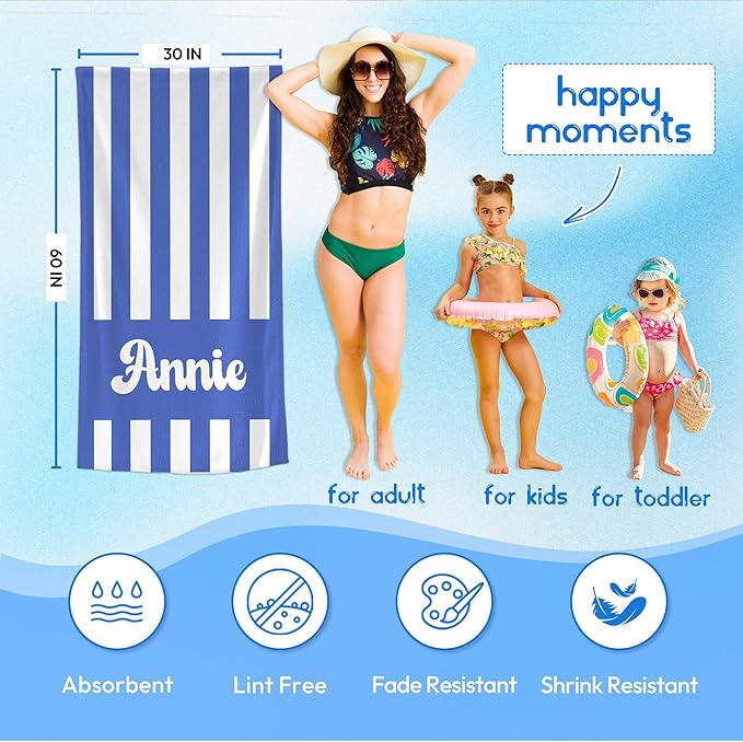 JML Personalized Beach Towel with Name, Custom Cabana Stripe Beach Towel, Customized Microfiber Pool Towel, Quick Dry & Absorbent Swim Towel for Adult,Mother's Day, Birthday, Summer Holiday,Vacation-StrideForce Fitness