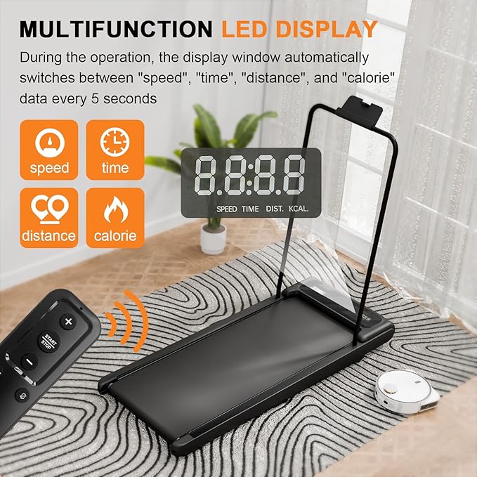 Walking Pad with Handle Bar, 2.5HP Treadmill with Handle, Portable Under Desk Treadmill for Home Office Use, Adjustable Incline, Large LED Display, Remote Control-StrideForce Fitness