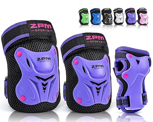 2PM SPORTS Knee Pads for Kids, Wrist Guards Knee and Elbow Pads Set with Drawstring Bag, Protective Gear Set for Girls Boys Roller Skating Cycling Skateboard - Purple Medium-StrideForce Fitness