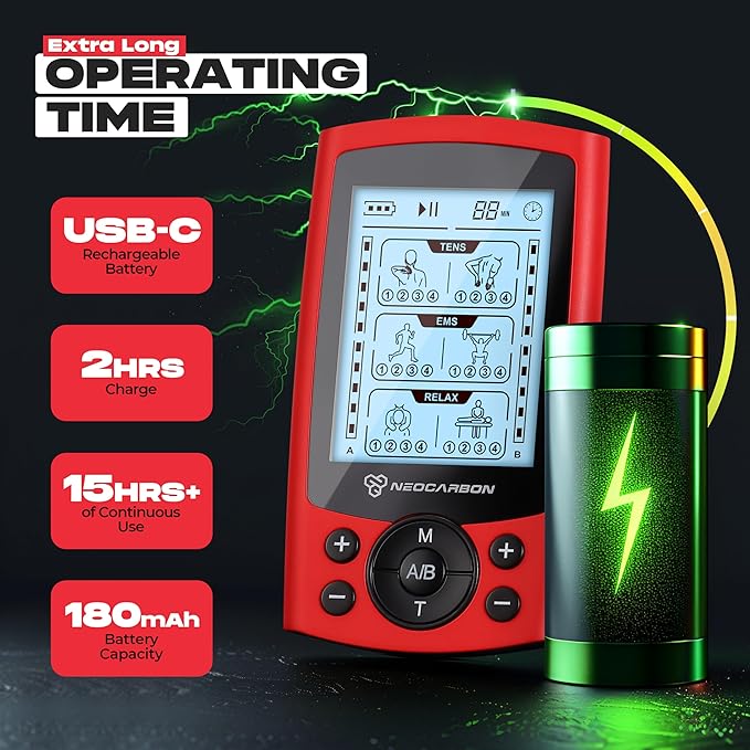 TENS Unit Muscle Stimulator, Electronic PMS Pulse Massager Machine for Shock Physical Therapy, Back Pain Relief, Shoulder Recovery, Red-StrideForce Fitness