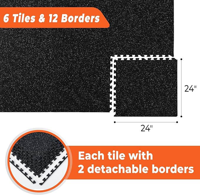 SUPERJARE 0.4'' Thick 6 Pcs 24 Sq Ft Rubber Top Exercise Equipment Mats, High Density EVA Foam Mats with Rubber Top, Interlocking Gym Flooring for Home Gym, Protective Workout Mat, Black/Grey-StrideForce Fitness