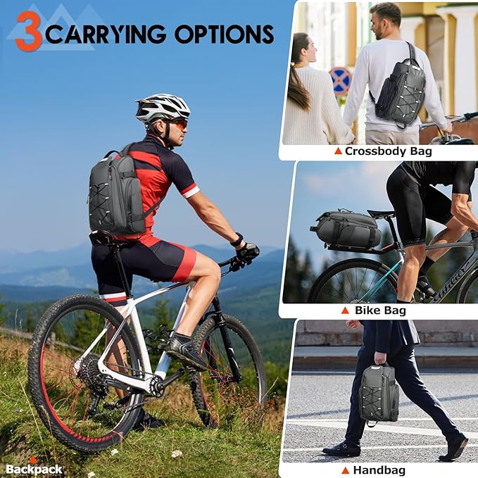 RAINSMORE Bike Bags for Bicycle Rear Rack 15L Waterproof Bike Ebike Trunk Pannier Saddle Bag with Rain Cover Bike Accessories Backpack Shoulder Bag for Commuter Travel Outdoor, Grey-StrideForce Fitness