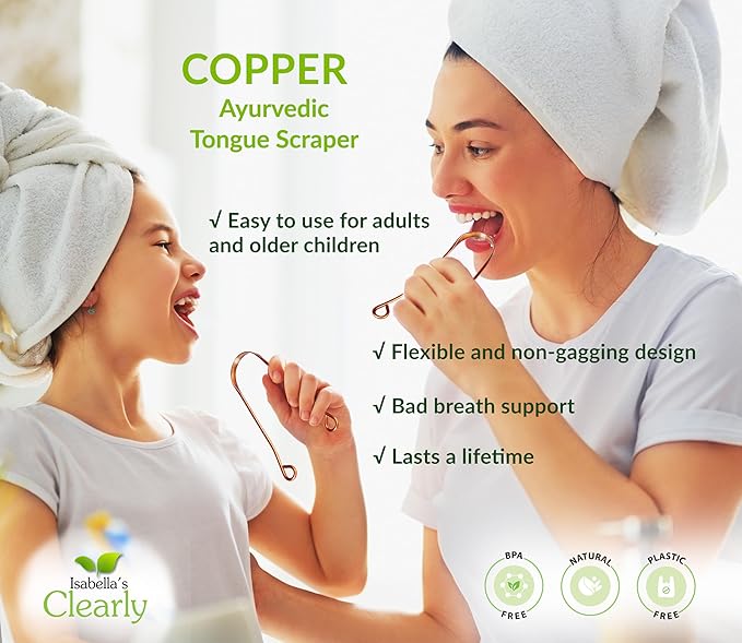 Isabella's Clearly 100% Pure Copper Tongue Scraper | Ayurvedic Metal Tongue Cleaner, BPA Free, for Adults and Kids | Natural Oral Care for Fresh Breath and Improved Oral Hygiene