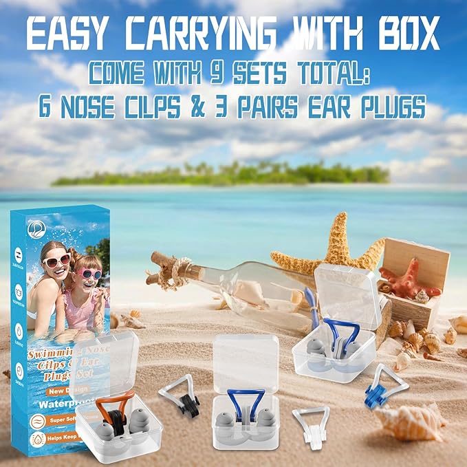 Swimming Nose Clip Ear Plugs - 9 Packs Silicone Swim Nose Plugs with Earplugs for Adult,Waterproof Pool Nose Plug for Diving Surfing and Other Water Sports with Storage Box,Multi-Color-StrideForce Fitness