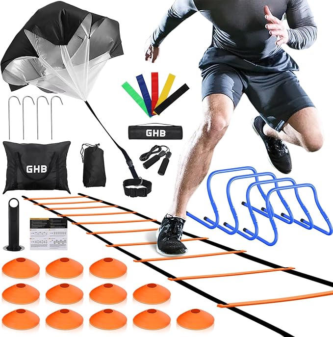 GHB Agility Ladder,Football Training Equipment Set,4 Agility Hurdles, 20 feet12 Rungs Speed Ladder,12 Disc Cones,Resistance Parachute, Jump Rope, 5 Resistance Bands-StrideForce Fitness