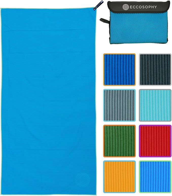 ECCOSOPHY Microfiber Beach Towel – Quick Dry Gym Towel, Highly Absorbent with Ribbed Texture, Lightweight – Ideal for Travel, Pool, Yoga, Fitness & Outdoor Adventures – 40x20 Azure-StrideForce Fitness