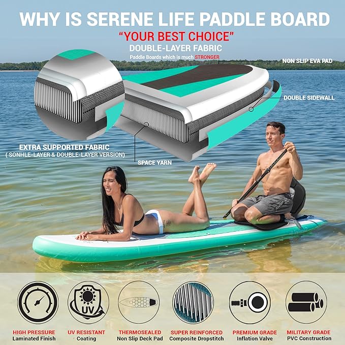 SereneLife Inflatable Stand Up Paddle Board with Premium SUP Accessories – Wide Stable Design with Non-Slip EVA Deck Pad for Adults and Youth of All Skill Levels-StrideForce Fitness