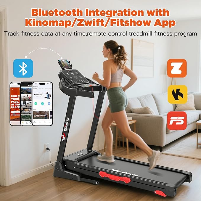 Treadmill with Incline, 300 LBS Capacity, 8 MPH or 10 MPH Speed, Bluetooth, App, Pause Function, Folding Treadmills for Home with 64 Programs, 17'' or 18'' Wide Belt, Heart Rate, BMI Detector-StrideForce Fitness