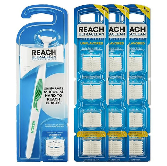 Reach Ultraclean Access Flosser Bundle, Unflavored, Plaque Remover for Teeth, for Hard to Reach Areas, Oral Care, PFAS-Free, 1 Flosser Starter Kit + 3 Packs Refill Heads