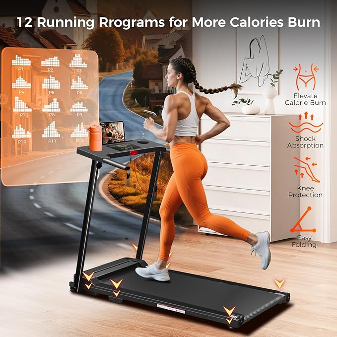 Treadmill with Handles, Portable Small Treadmills for Home and Office, 3.0HP Folding Walking Pad with 300 lbs Capacity, Cup Holder, LED Display and 12 Preset Programs-StrideForce Fitness