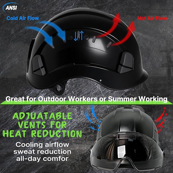 Aolamegs Construction Hard Hats for Adults - Hard Hats Construction OSHA Approved with Smoke Visor for Men Women, ANSI Z89.1 Vented Safety Helmet, Hard Hat with Chin Strap,6 Point Suspension （Black-StrideForce Fitness
