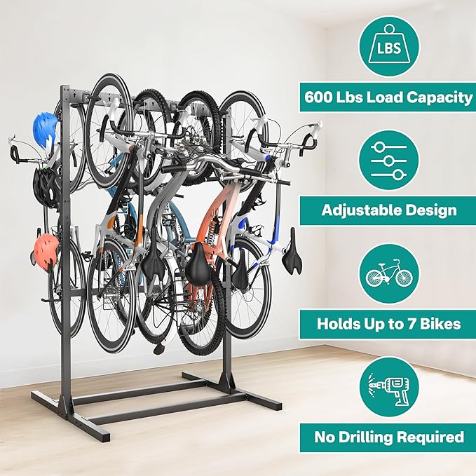 EVERHANGER Freestanding Bike Stand Rack with Adjustable Hooks, Vertical Bike Stand for Garage, Bicycle Storage Organizer, Holds Up to 7 Bikes & 7 Helmets-StrideForce Fitness