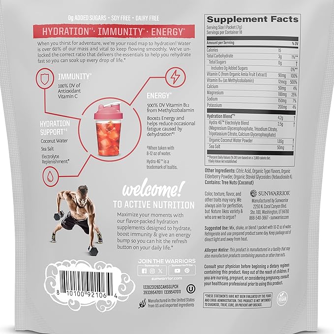 Sunwarrior Hydration Powder Electrolyte Packets Powder | Strawberry Colada Flavored | 18 Stick Packs 126g Pouch | Vegan and Plant-Based Sugar Free | B12 Elderberry and Electrolytes | Active Hydration-StrideForce Fitness