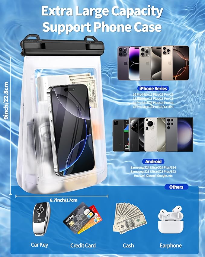 Large Waterproof Phone Pouch - [Oversized] [Floating] Waterproof Pouch for iPhone Galaxy Google and More, IPX8 Waterproof Dry Bag for Beach Vacation Belongings Black-StrideForce Fitness