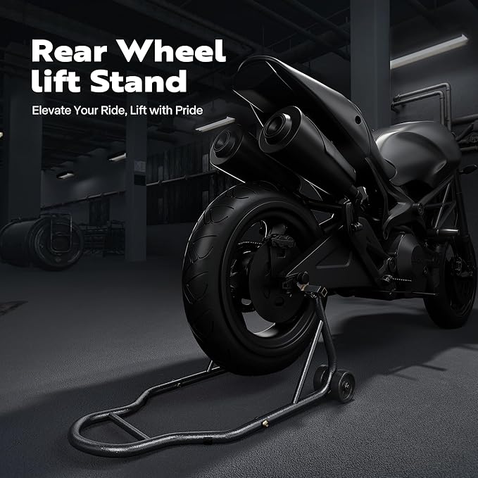 SPECSTAR Motorcycle Stand, 441 Lbs Capacity Rear Wheel Lift with U+L Adjustable Swingarm Spool, Heavy Duty Paddock Stand for BMW Suzuki Yamaha Honda Kawasaki, Black-StrideForce Fitness