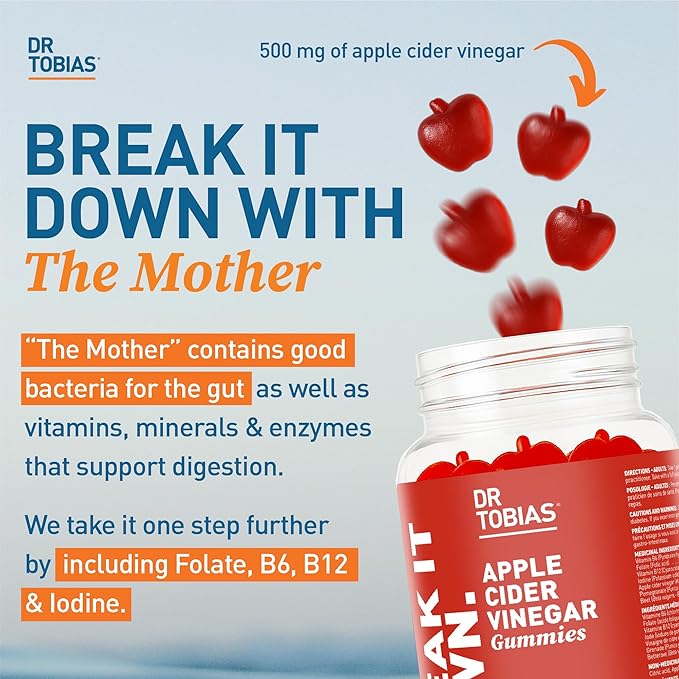 Dr. Tobias Apple Cider Vinegar Gummies, Includes 500 mg Apple Cider Vinegar with Mother, Folate, B12 & Iodine, Supports Gut Health, Cleanse & Detox, Vegan, Gluten-Free, 60 Gummies-StrideForce Fitness