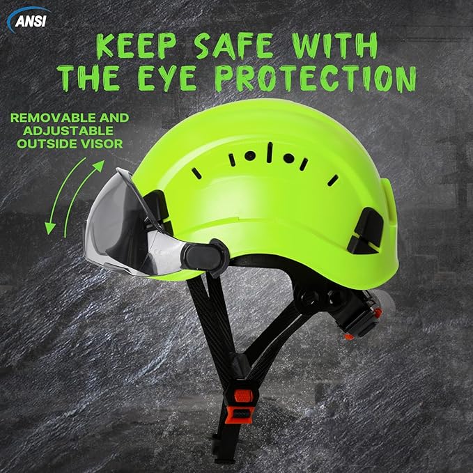 Aolamegs Construction Hard Hats for Adults - Hard Hats Construction OSHA Approved with Smoke Visor for Men Women ANSI Z89.1 Vented Safety Helmet, Hard Hat with Chin Strap,6 Point Suspension （Green-StrideForce Fitness