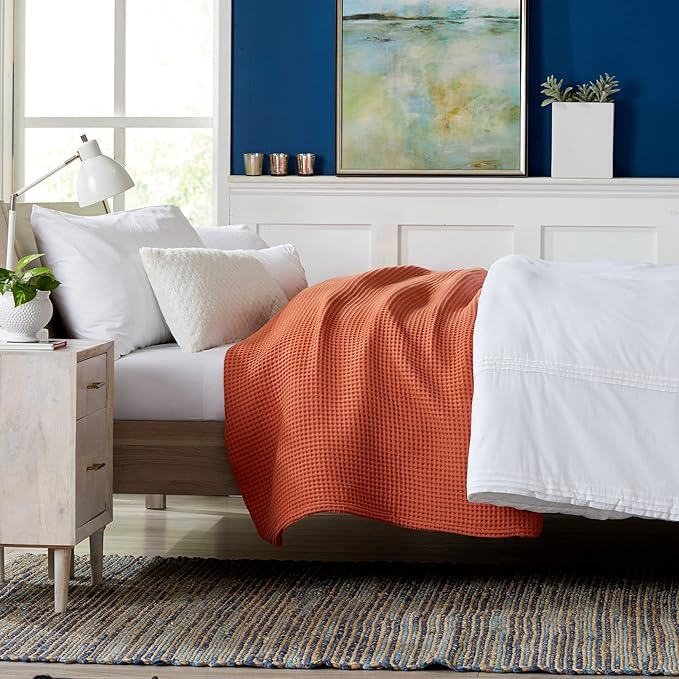 100% Cotton Waffle Weave Bed Blanket | Soft, Breathable, and Lightweight Blanket for All-Season | Perfect for Layering | Brielle Collection (Full/Queen, Burnt Orange)-StrideForce Fitness