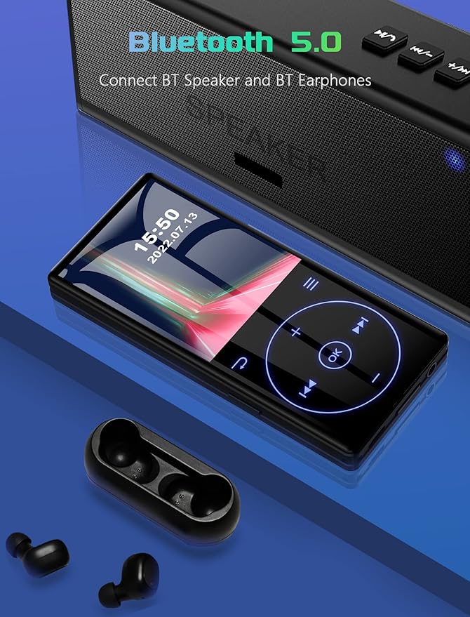 96GB MP3 Player with Bluetooth 5.0: Portable Lossless Sound Music Player with HD Speaker,2.4" Screen Voice Recorder,FM Radio,Touch Buttons,Support up to 64GB for Sport(Earphones&64GB TF Card Included)-StrideForce Fitness