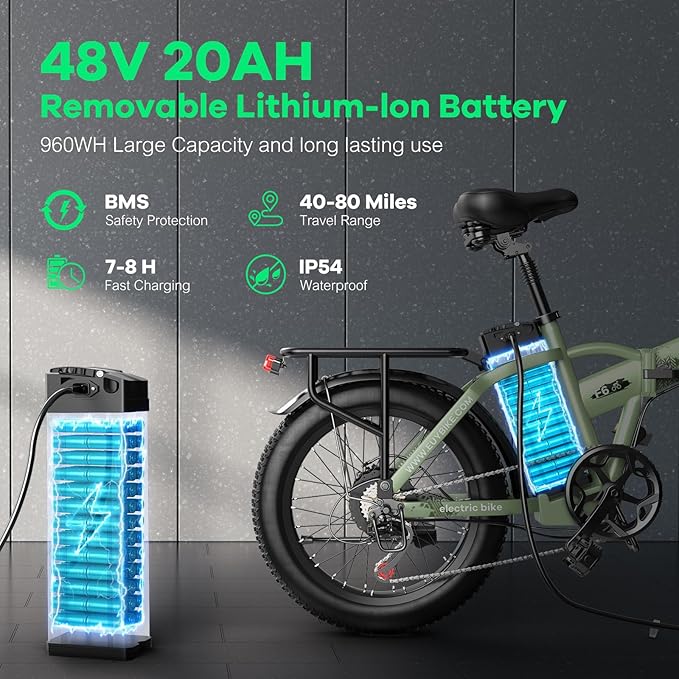 Foldable Electric Bike for Adults, 30+MPH, 48V 20Ah Removable Lithium Battery up to 80Miles, 20" Fat Tire 1000W Peak Motor Dirt Ebike Adult Electric Bicycle for Commute Beach Mountain E Bike-StrideForce Fitness