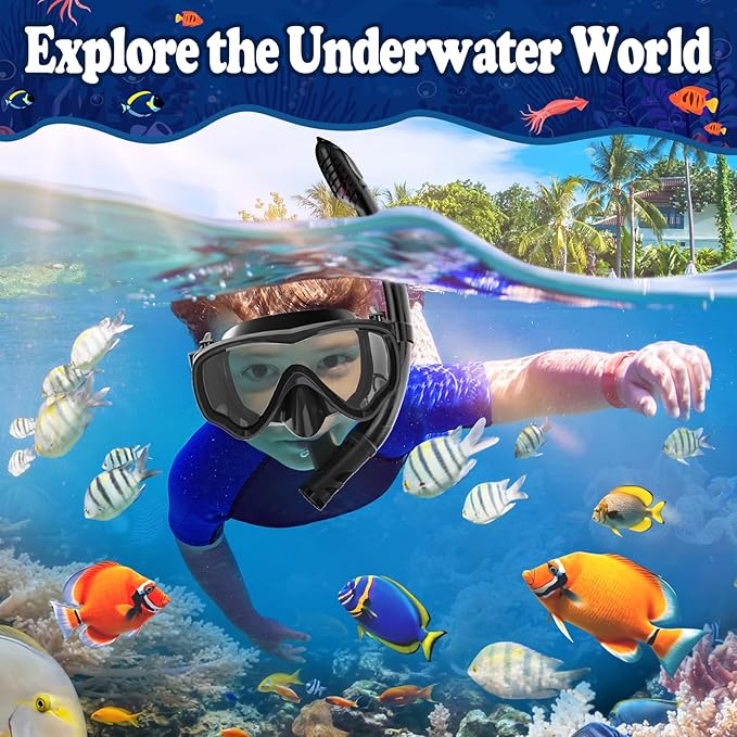 U PHITNIS Kids Snorkel Set for Age 4-14 - Dry Top Snorkeling Gear for Kids Junior & Youth - Childs Diving Mask with Big Eyes for Boys Girls - Anti-Fog Snorkeling Mask and Snorkel Set-StrideForce Fitness