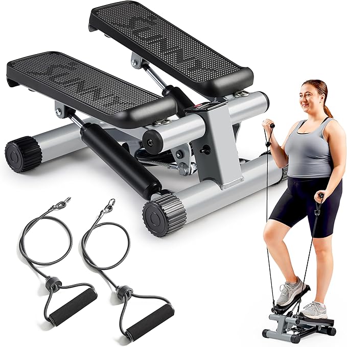 Sunny Health & Fitness Mini Stepper for Exercise at Home, Stair Step Workout Machine with Resistance Band and Over 300lb Weight Capacity, Optional Twist Motion and Free SunnyFit App Connection-StrideForce Fitness