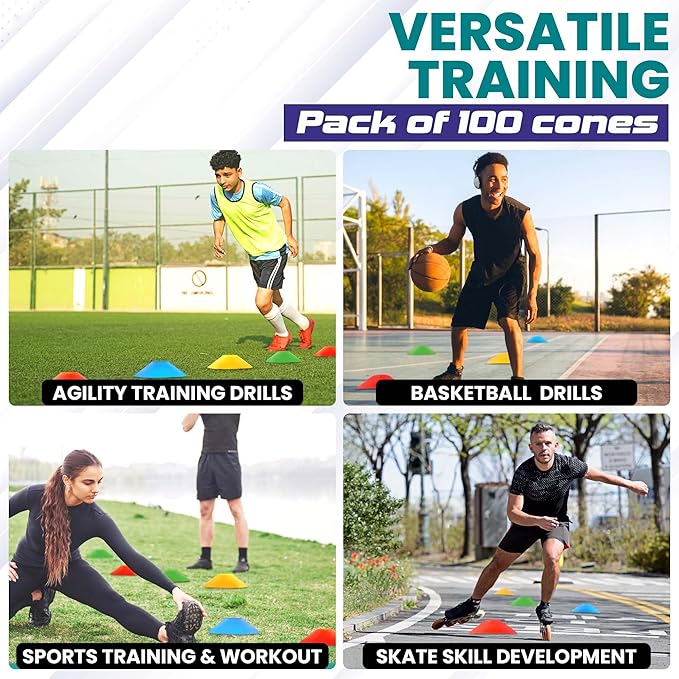 Training Soccer Cones 25/50/100 Pack with Carry Bag & Holder – 5 Colors – Agility Disc Cones Set Sports Practice Equipment for Soccer, Football, Basketball, Coaching & Speed-StrideForce Fitness