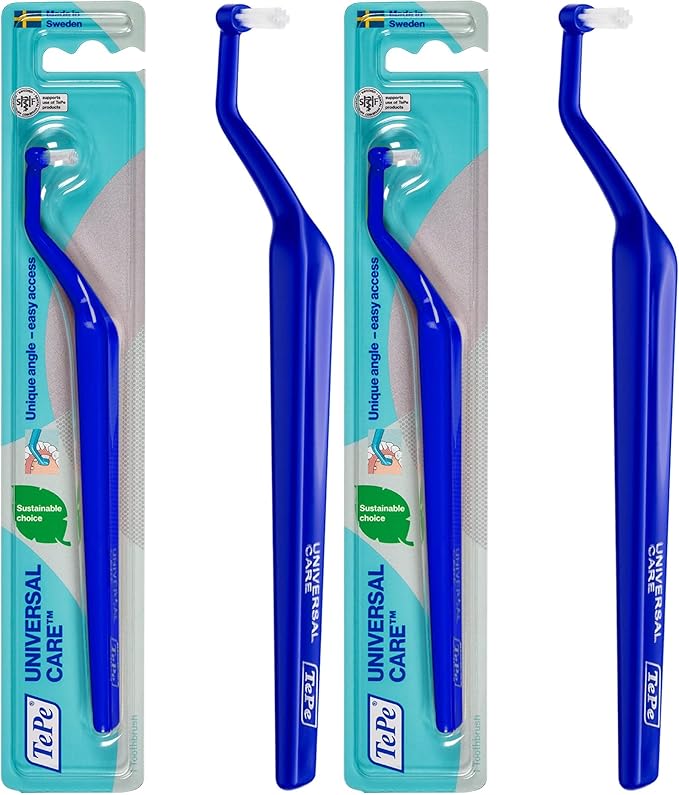 TePe Universal Care Angled Soft-Bristle Toothbrush, Small-Head Orthodontic Toothbrush (Pack of 2)