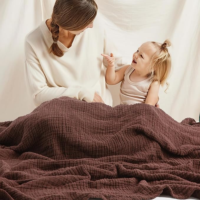 Carriediosa 100% Cotton Muslin Throw Blanket 70" X 80" Twin Size，4-Layers Summer Gauze Throws for Bed Couch，Soft Lightweight Breathable Linen Blankets Bedspread for Adults All Season，Dark Brown-StrideForce Fitness