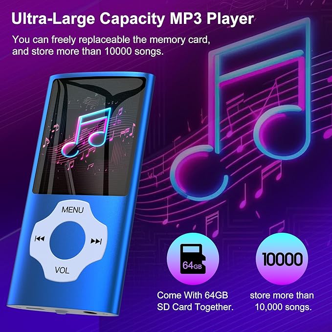 Portable 64GB MP3 Player with Bluetooth, MYMAHDI 1.8" HD LCD Screen MP4/MP3 Player Up to 128GB, Music Player with Video, Music, FM Radio, E-Book Reader, Voice Record, Photo Viewer, Darkblue-StrideForce Fitness