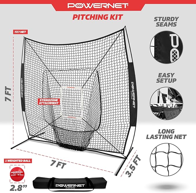 PowerNet Baseball Softball Practice Net 7x7 with Baseball Accessories for Practice Pitching, Batting & Fielding, Ball Caddy, Weighted Baseballs, Tee-StrideForce Fitness