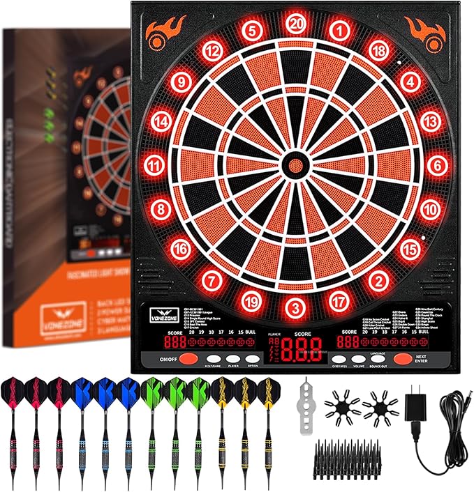 Electronic Dartboard, Electric Dart Boards for Adults,Electronic Scoreboard, Light-Up Led Display, 12 Darts Soft Tip Professional Dart Board and Extra Tips, Up to 8 Players-StrideForce Fitness