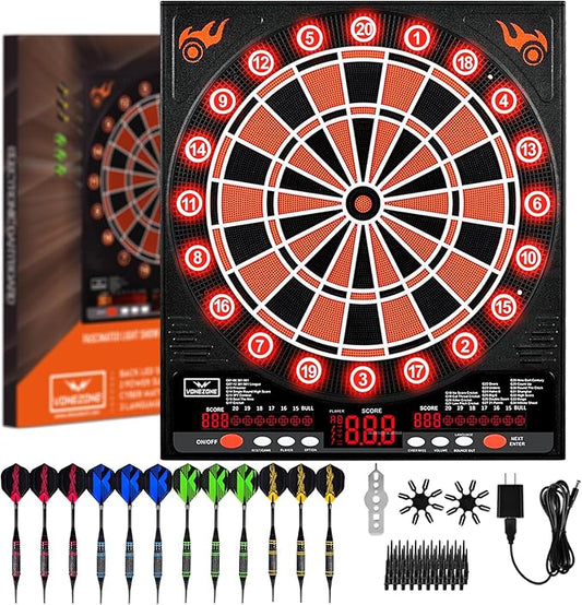 Electronic Dartboard, Electric Dart Boards for Adults,Electronic Scoreboard, Light-Up Led Display, 12 Darts Soft Tip Professional Dart Board and Extra Tips, Up to 8 Players-StrideForce Fitness