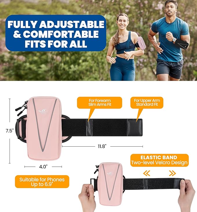 HiRui Cell Phone Holder Arm Bag & Wrist Bag for Phone, Sports Running Armband for Gym & Cycling, Compatible with iPhone 16/16Pro/Plus/15/14 Samsung Galaxy All Phones, Reflective & Adjustable (Pink)-StrideForce Fitness