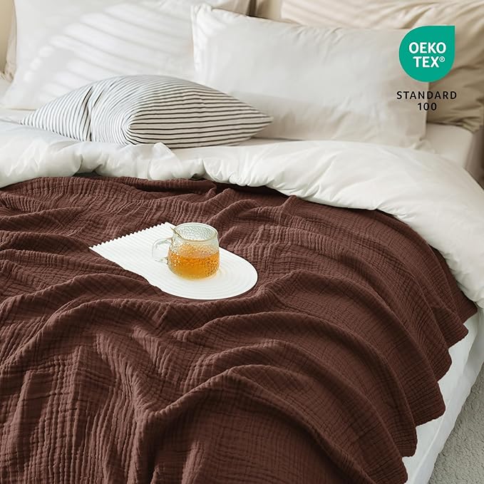 Carriediosa 100% Cotton Muslin Throw Blanket 90" X 90" Queen Size，4-Layers Summer Gauze Throws for Bed Couch，Soft Lightweight Breathable Linen Blankets Bedspread for Adults All Season，Dark Brown-StrideForce Fitness