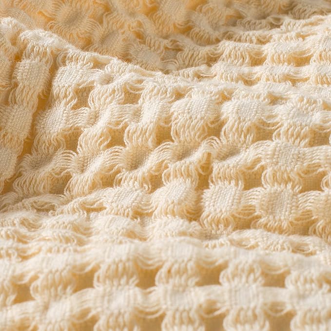 Carriediosa 100% Cotton Waffle Weave Blanket 400GSM Breathable Thermal Blankets for Bed Couch Sofa Soft and Cozy Throws for All Season Home Decor, 50"X 60" Light Yellow-StrideForce Fitness