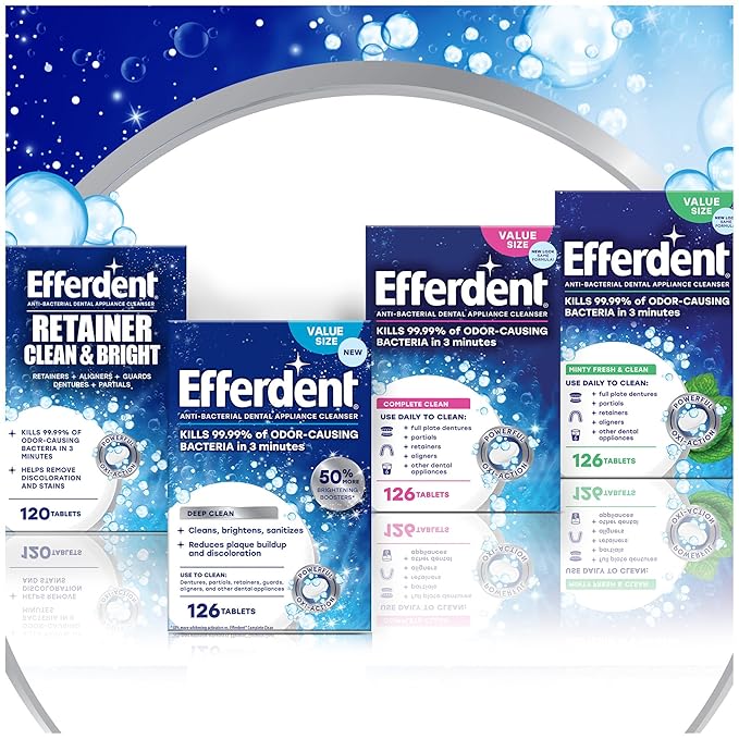 Efferdent Denture Cleaner Tablets – Deep Clean Brightening for Dental Appliances, Aligners, Mouth Guard, and Retainer Cleaner Tablets, Complete Clean, 126 Count