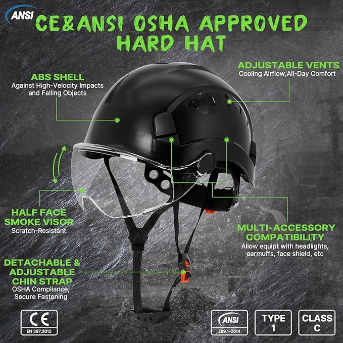 AOLAMEGS Construction Hard Hats for Men - ANSI Z89.1 OSHA Approved Safety Helmets, Black Hard Hat, Adjustable Vented Construction Hat with Clear Visor and Chin Strap, High Impact ABS Hardhats-StrideForce Fitness