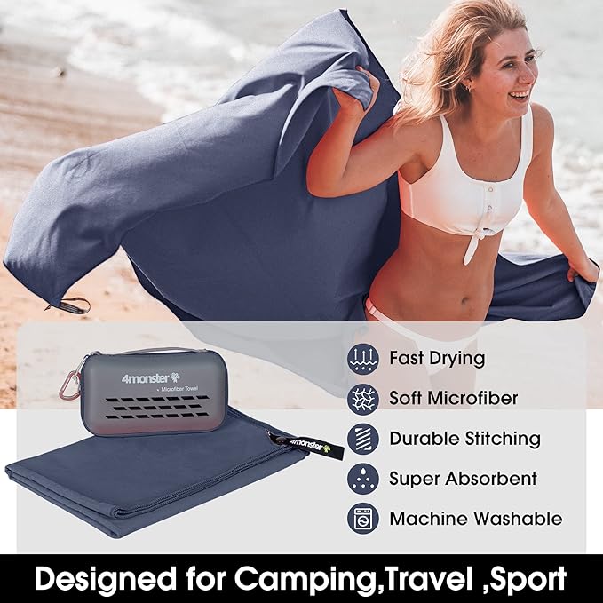 4Monster Camping Towels Super Absorbent, Fast Drying Microfiber Travel Towel, Quick Dry Ultra Soft Compact Gym Towel for Swimming Beach Hiking Yoga Travel Sports Backpack (Navy Blue, 78.70" x 39.30")-StrideForce Fitness