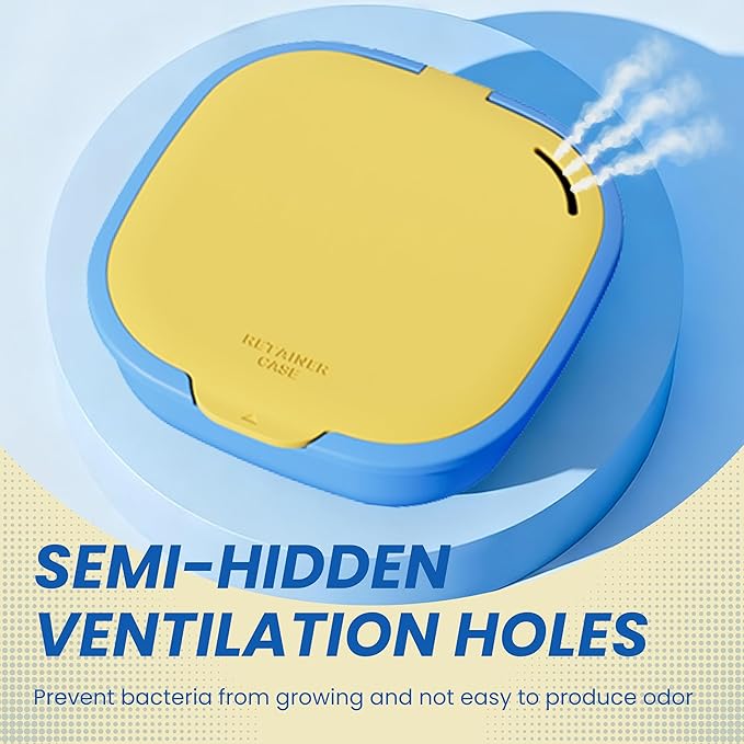 Retainer Case with Mirror and Vent Holes, Cute Slim Aligner Case Compatible with Invisalign, Magnetic Closure Orthodontic Case for Retainers and Mouth Guards (Yellow & Royal Blue)