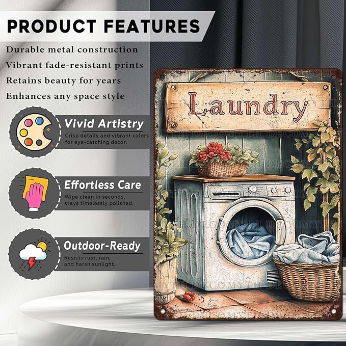 Vintage Laundry Room Tin Sign Retro Metal Poster Funny Laundry Wall Art Cafe Toilet Farm Room Garden Plaque Outdoor Farmhouse Decor Bathroom Restroom 12 * 16inch-StrideForce Fitness