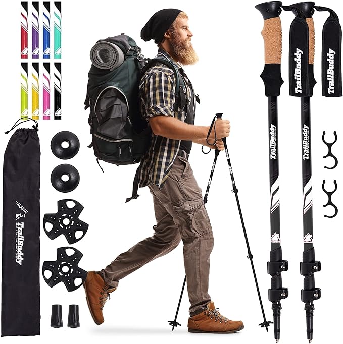 TrailBuddy Trekking Poles - Lightweight, Collapsible Hiking Poles for Snowshoe & Backpacking Gear - Pair of 2 Walking Sticks for Hiking, 7075 Aluminum with Cork Grip-StrideForce Fitness