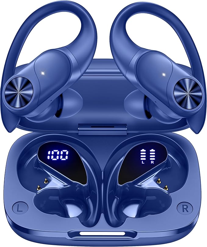 PocBuds Bluetooth Headphones Wireless Earbuds 80hrs Playtime Wireless Charging Case Digital Display Sports Ear Buds with Earhook Deep Bass IPX7 Waterproof Over-Ear Earphones for TV Phone Laptop Navy-StrideForce Fitness